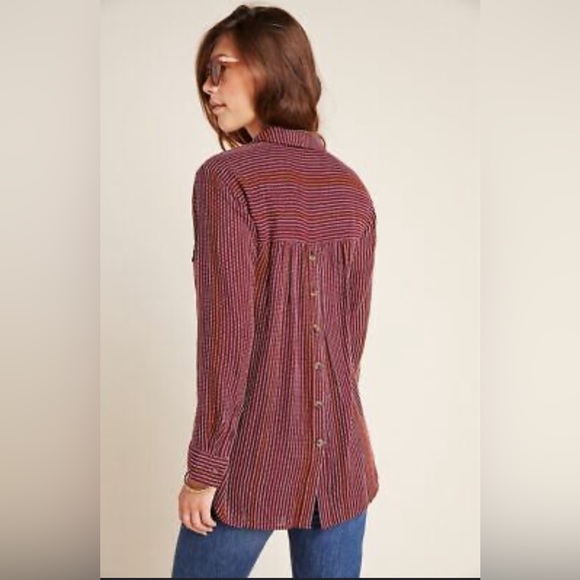 ANTHROPOLOGIE Isadora Wool Blend Stripe Red Button Back Tunic Shirt Size XS - Picture 2 of 11